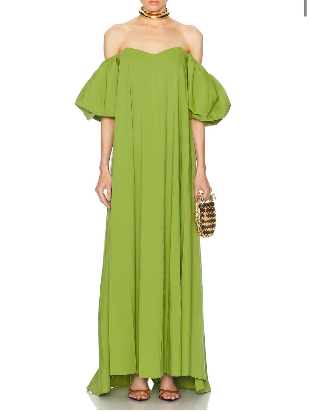 Caroline Constas One-Shoulder Olive Green Puff-Sleeve Maxi Dress